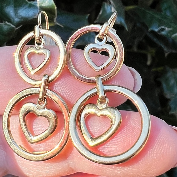VINTAGE 14K YELLOW GOLD HEART DESIGN LONG DROP DANGLE EARRINGS MADE IN ITALY
